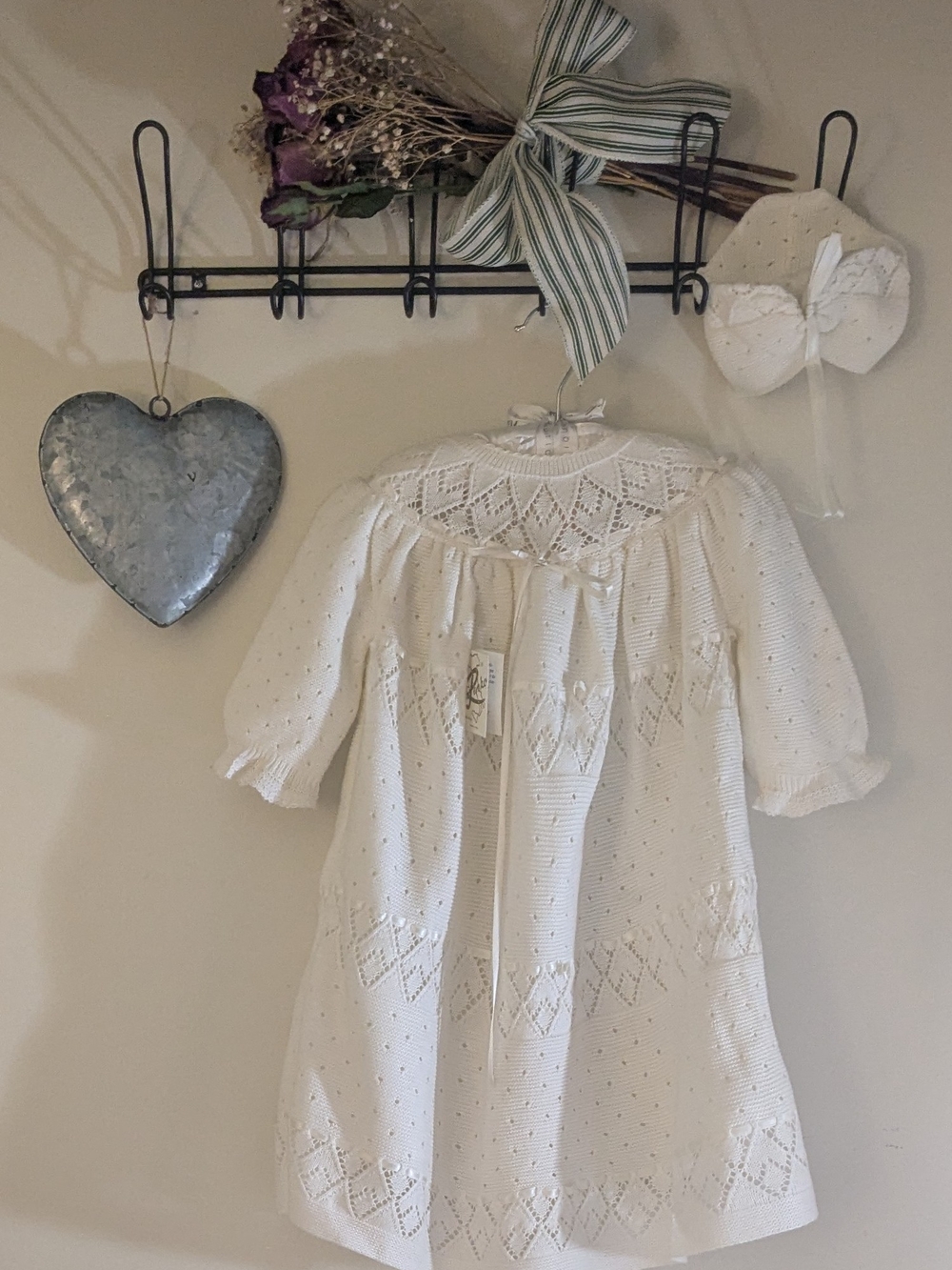 Renzo Vintage Christening Gown White Knit Formal Dress with Bonnet
